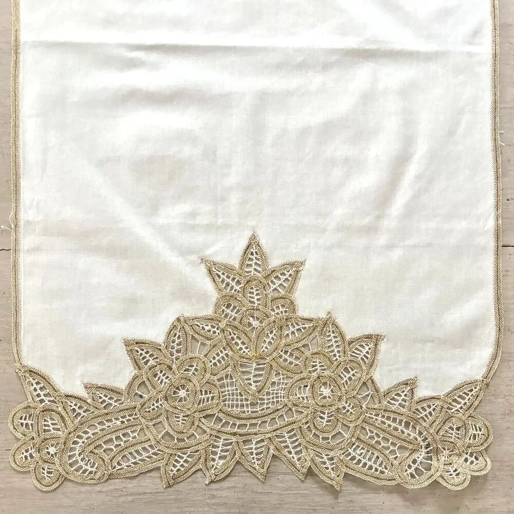 Metallic Gold Battenberg Lace Table Runner 17x60 Christmas Holiday Shabby Decor